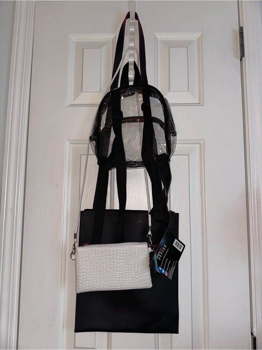 Clear Backpack and Black Tote Set with White Croc Crossbody